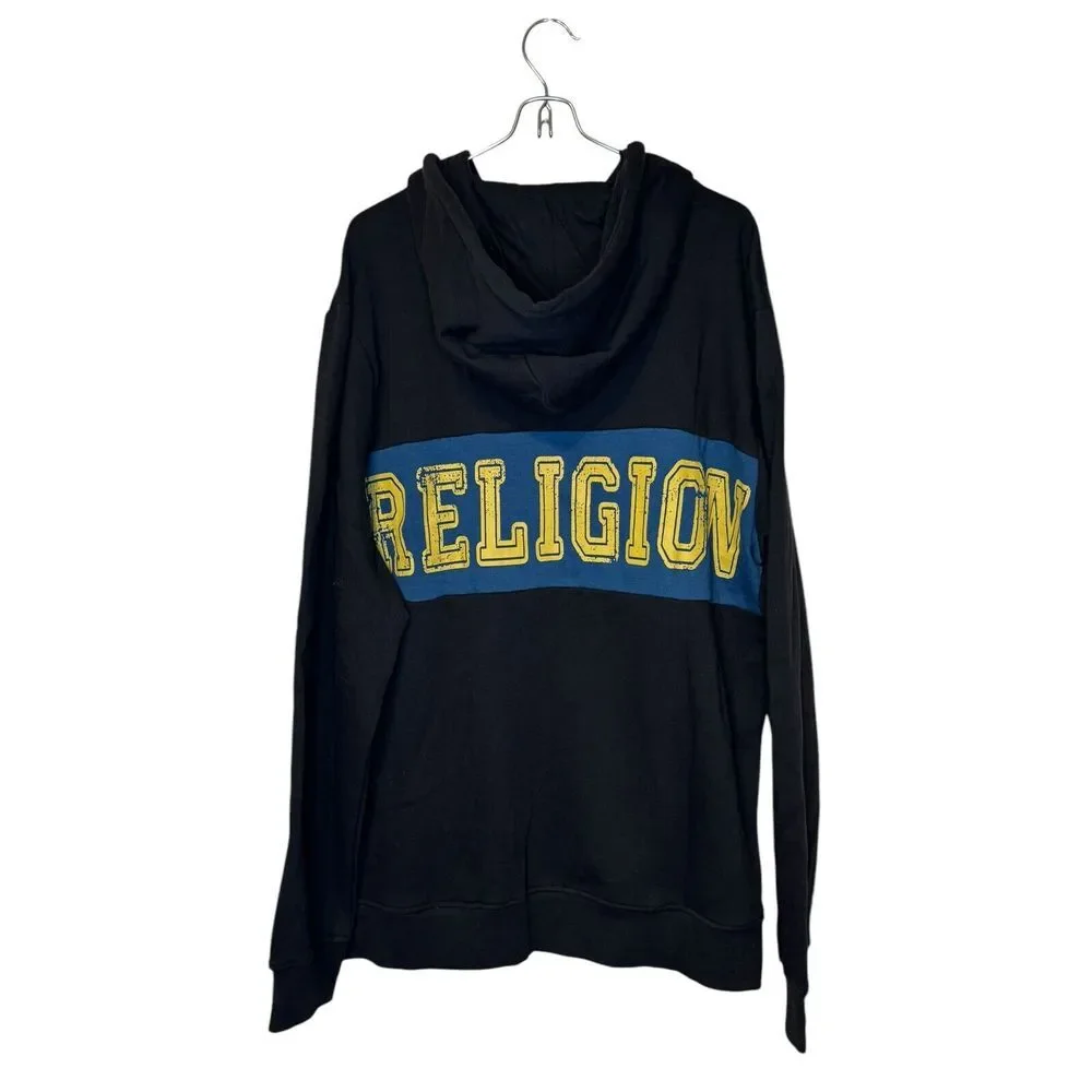 True Religion Men's Sweater Hoodie Contrast Panel Pullover Logo Black Large‎ NWT